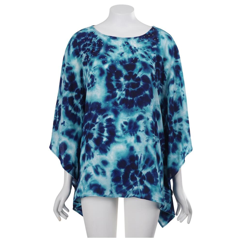 Quacker Factory Top S Blue Tie-Dye Print Rhinestones Poncho Style Blouse